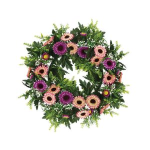 Artificial wreath of pink and purple flowers
